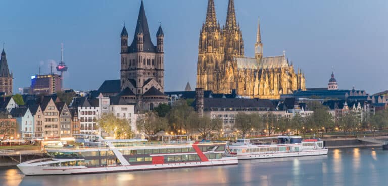 Aerial view over the Rhine River in Cologne, Germany
